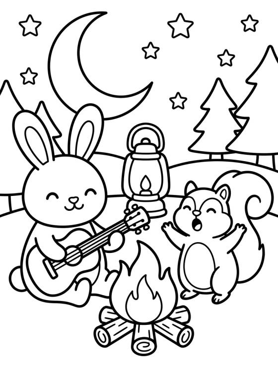 Animales del Bosque Cantando en el Campamento para colorir Desenho de Animales del Bosque Cantando en el Campamento para colorir e imprimir grátis