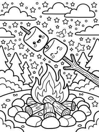 Malvaviscos Felices en la Fogata para colorir Desenho de Malvaviscos Felices en la Fogata para colorir e imprimir grátis