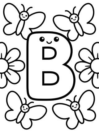 Letra B con Mariposa Kawaii para colorir Desenho de Letra B con Mariposa Kawaii para colorir e imprimir grátis