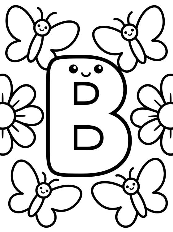 Letra B con Mariposa Kawaii para colorir Desenho de Letra B con Mariposa Kawaii para colorir e imprimir grátis