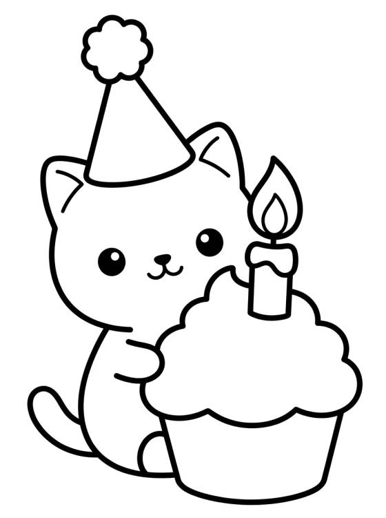 Gatito con Cupcake de Cumpleaños para colorir Desenho de Gatito con Cupcake de Cumpleaños para colorir e imprimir grátis