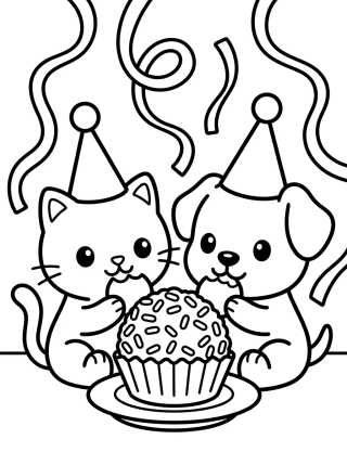 Gatito y Perrito en Fiesta de Cumpleaños para colorir Desenho de Gatito y Perrito en Fiesta de Cumpleaños para colorir e imprimir grátis