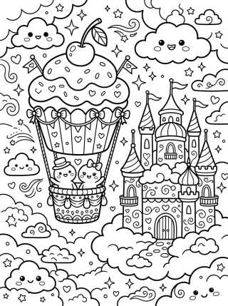 Globo Cupcake y Castillo en las Nubes para colorir Desenho de Globo Cupcake y Castillo en las Nubes para colorir e imprimir grátis