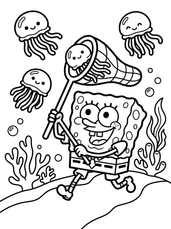 Bob Esponja Cazando Medusas para colorir Desenho de Bob Esponja Cazando Medusas para colorir e imprimir grátis