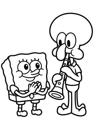 Bob Esponja y Calamardo Tocando el Clarinete para colorir Desenho de Bob Esponja y Calamardo Tocando el Clarinete para colorir e imprimir grátis