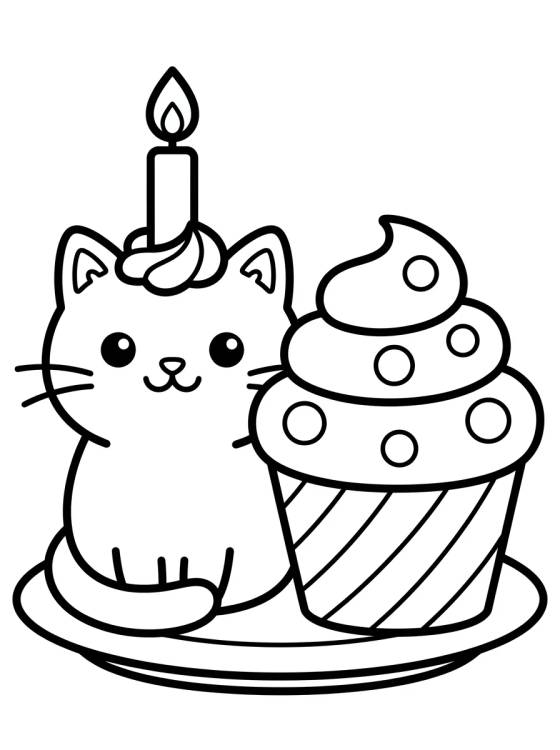 Pastelillo Gato Feliz con Cupcake para colorir Desenho de Pastelillo Gato Feliz con Cupcake para colorir e imprimir grátis