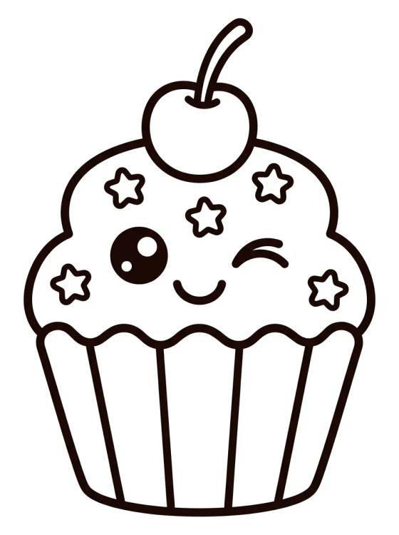 Cupcake Kawaii con Cereza para colorir Desenho de Cupcake Kawaii con Cereza para colorir e imprimir grátis