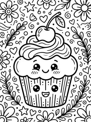 Cupcake Sonriente con Cereza para colorir Desenho de Cupcake Sonriente con Cereza para colorir e imprimir grátis