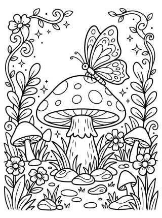 Mariposa en el Hongo Mágico para colorir Desenho de Mariposa en el Hongo Mágico para colorir e imprimir grátis