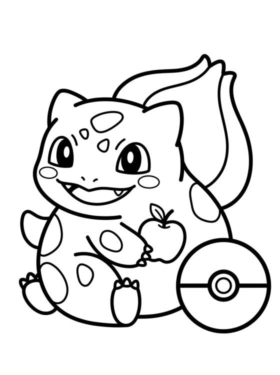 Bulbasaur con Manzana y Pokébola para colorir Desenho de Bulbasaur con Manzana y Pokébola para colorir e imprimir grátis