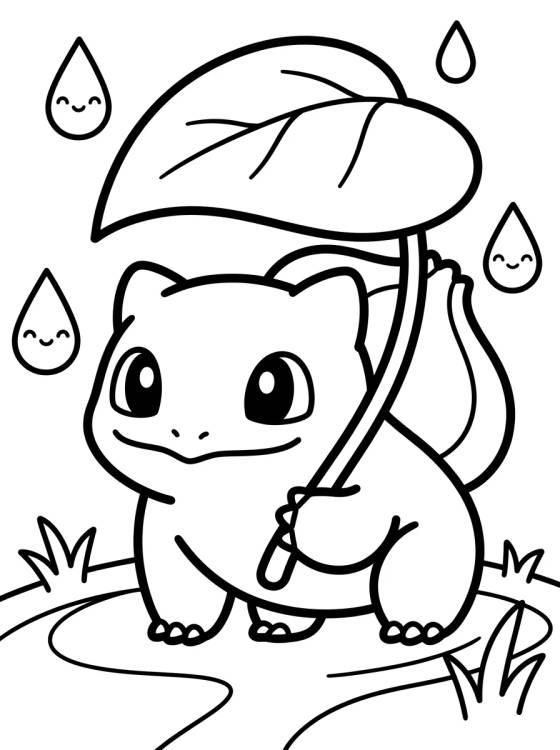 Bulbasaur en la Lluvia con una Hoja para colorir Desenho de Bulbasaur en la Lluvia con una Hoja para colorir e imprimir grátis