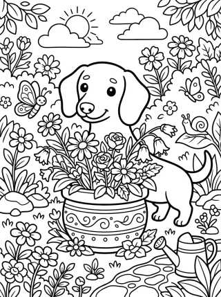 Perro Salchicha en el Jardín para colorir Desenho de Perro Salchicha en el Jardín para colorir e imprimir grátis