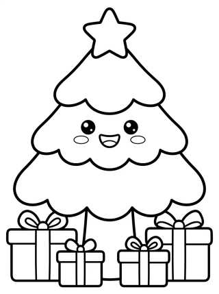 Árbol de Navidad Kawaii con Regalos para colorir Desenho de Árbol de Navidad Kawaii con Regalos para colorir e imprimir grátis