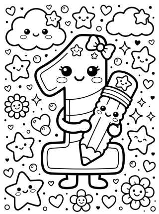 Número 1 Kawaii con Lápiz para colorir Desenho de Número 1 Kawaii con Lápiz para colorir e imprimir grátis