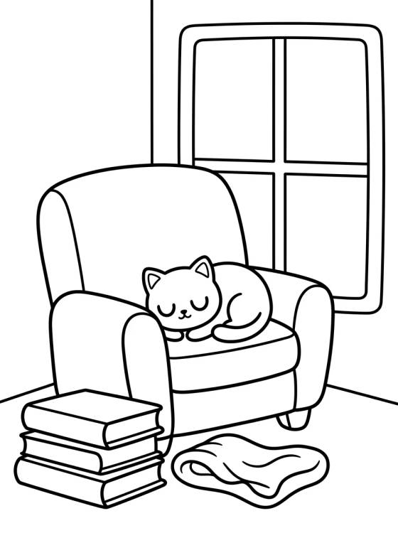 Rincón de Lectura con Gatito para colorir Desenho de Rincón de Lectura con Gatito para colorir e imprimir grátis