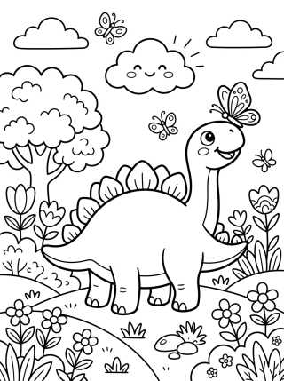 Estegosaurio Sonriente con Mariposa para colorir Desenho de Estegosaurio Sonriente con Mariposa para colorir e imprimir grátis