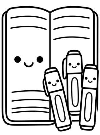 Cuaderno y Marcadores Kawaii para colorir Desenho de Cuaderno y Marcadores Kawaii para colorir e imprimir grátis