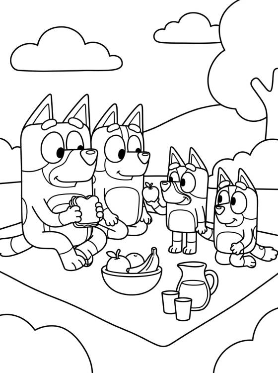 Familia Heeler en el Picnic de Bluey para colorir Desenho de Familia Heeler en el Picnic de Bluey para colorir e imprimir grátis