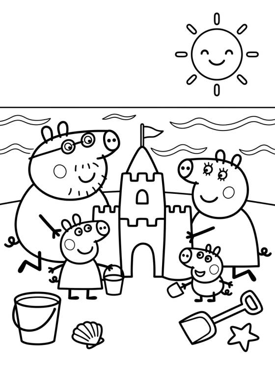 La Familia Pig Construyendo un Castillo de Arena para colorir Desenho de La Familia Pig Construyendo un Castillo de Arena para colorir e imprimir grátis