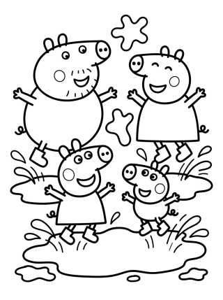 La Familia Pig salta en los charcos de lodo para colorir Desenho de La Familia Pig salta en los charcos de lodo para colorir e imprimir grátis