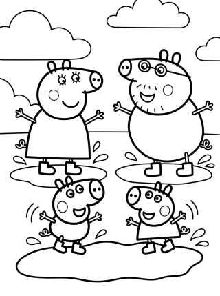 La Familia Pig Saltando en Charcos de Lodo para colorir Desenho de La Familia Pig Saltando en Charcos de Lodo para colorir e imprimir grátis