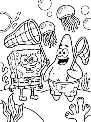 Bob Esponja y Patricio Cazando Medusas para colorir Desenho de Bob Esponja y Patricio Cazando Medusas para colorir e imprimir grátis