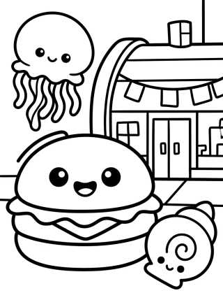 Restaurante Crustáceo Cascarudo y Hamburguesa para colorir Desenho de Restaurante Crustáceo Cascarudo y Hamburguesa para colorir e imprimir grátis