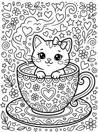 Gatito en la Taza de Té para colorir Desenho de Gatito en la Taza de Té para colorir e imprimir grátis