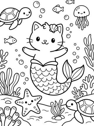 Gato Sirena en el Fondo del Mar para colorir Desenho de Gato Sirena en el Fondo del Mar para colorir e imprimir grátis