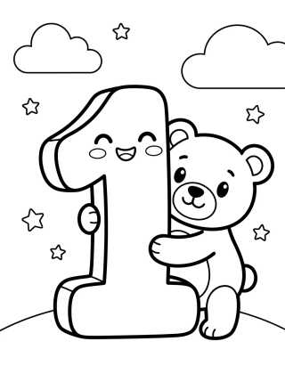 Número 1 con Osito para colorir Desenho de Número 1 con Osito para colorir e imprimir grátis