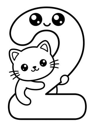 Número 2 Alegre com Gatito para colorir Desenho de Número 2 Alegre com Gatito para colorir e imprimir grátis