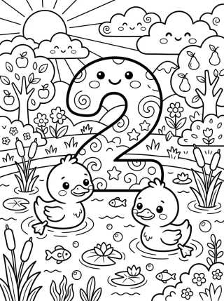 Número 2 con Patitos Tiernos para colorir Desenho de Número 2 con Patitos Tiernos para colorir e imprimir grátis