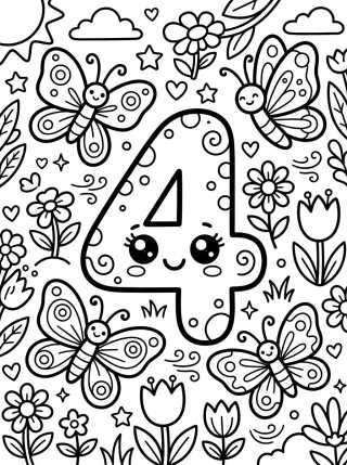 Número 4 con Mariposas para colorir Desenho de Número 4 con Mariposas para colorir e imprimir grátis