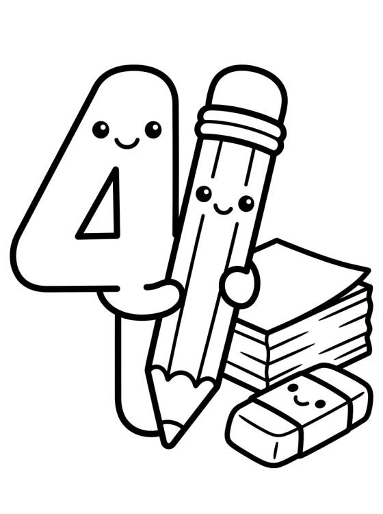Número 4 con Lápiz Kawaii para colorir Desenho de Número 4 con Lápiz Kawaii para colorir e imprimir grátis