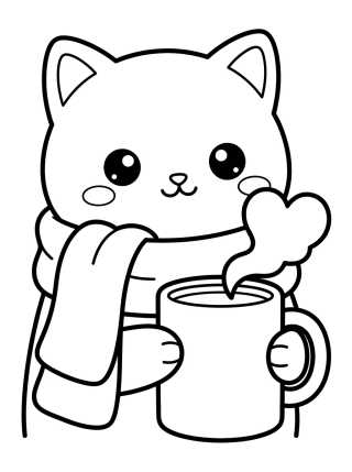 Gatito con Bufanda e Chocolate Caliente para colorir Desenho de Gatito con Bufanda e Chocolate Caliente para colorir e imprimir grátis