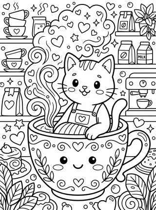 Gatito Barista con Taza de Té para colorir Desenho de Gatito Barista con Taza de Té para colorir e imprimir grátis
