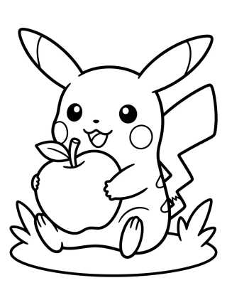 Pikachu Kawaii con Manzana para colorir Desenho de Pikachu Kawaii con Manzana para colorir e imprimir grátis