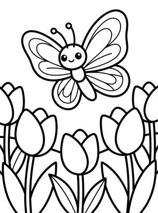 Mariposa Kawaii en el Jardín de Tulipanes para colorir Desenho de Mariposa Kawaii en el Jardín de Tulipanes para colorir e imprimir grátis