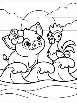 Pua y Hei Hei Jugando en las Olas para colorir Desenho de Pua y Hei Hei Jugando en las Olas para colorir e imprimir grátis