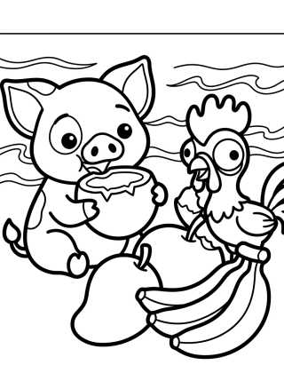 Pua y Hei Hei Comiendo Frutas en la Playa para colorir Desenho de Pua y Hei Hei Comiendo Frutas en la Playa para colorir e imprimir grátis