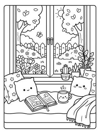 Rincón de Café y Lectura en la Ventana para colorir Desenho de Rincón de Café y Lectura en la Ventana para colorir e imprimir grátis