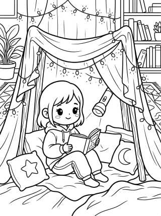 Niña Leyendo en su Casita de Sábanas para colorir Desenho de Niña Leyendo en su Casita de Sábanas para colorir e imprimir grátis