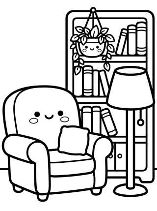 Sillón y Estantería de Libros Acogedora para colorir Desenho de Sillón y Estantería de Libros Acogedora para colorir e imprimir grátis
